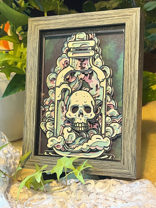 Skull in Apothecary Jar, Shadow Box, Layered Cut Paper Artwork, Framed, 5x7 Wall Hanging