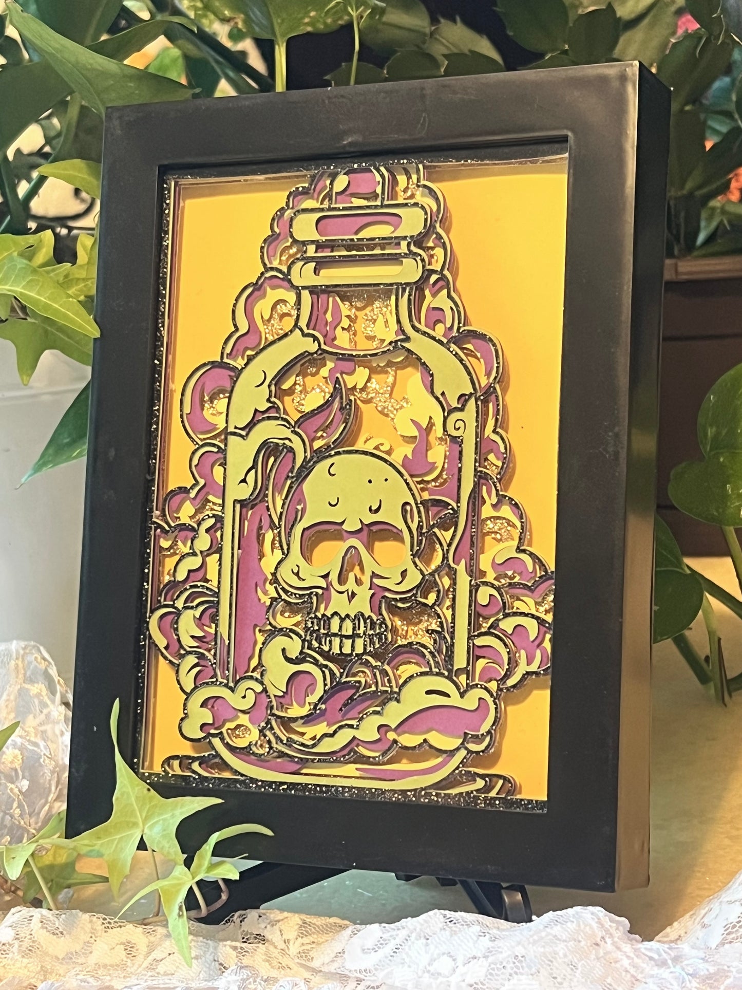 Skull in Apothecary Jar, Shadowbox, Layered Cut Paper Artwork, 5x7 Framed