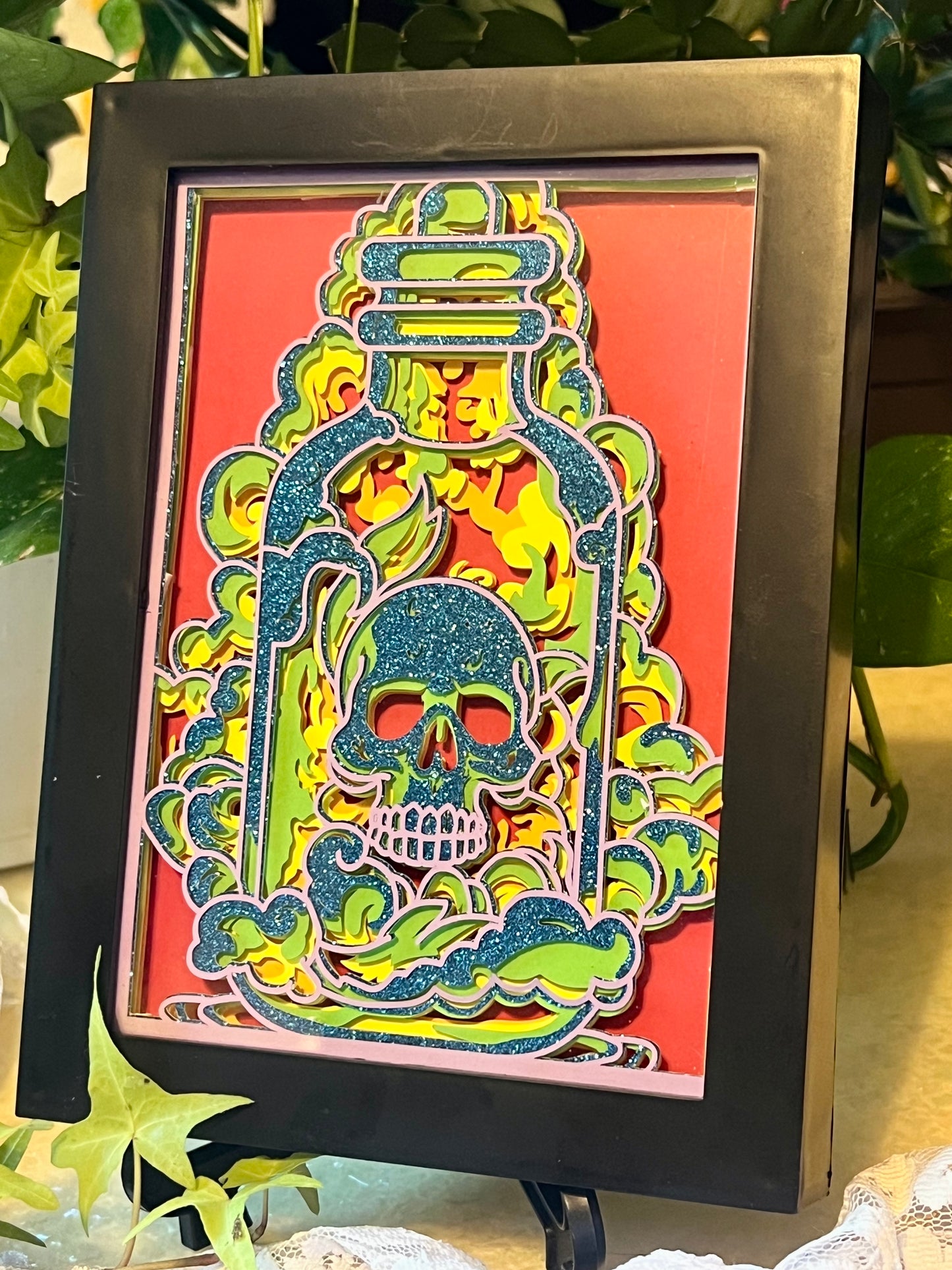 Skull in Apothecary Jar, Shaowbox, Layered Cut Paper Artwork, Framed 5x7