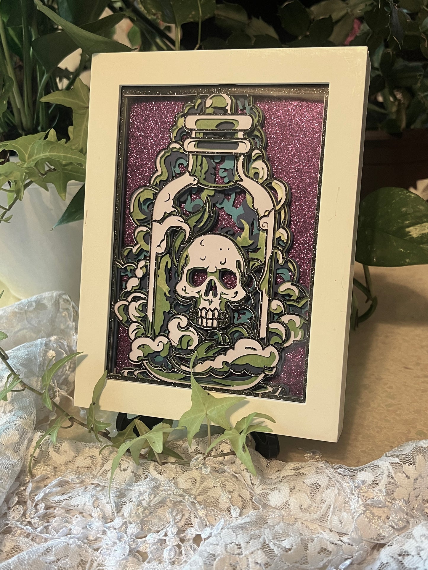 Skull in Apothecary Jar Shadowbox, Wall Hanging, Layered Cut Paper 5x7