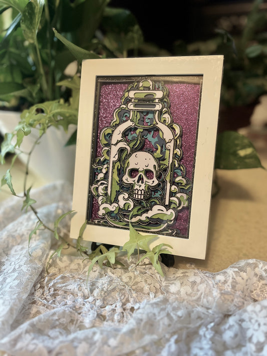 Skull in Apothecary Jar Shadowbox, Wall Hanging, Layered Cut Paper 5x7