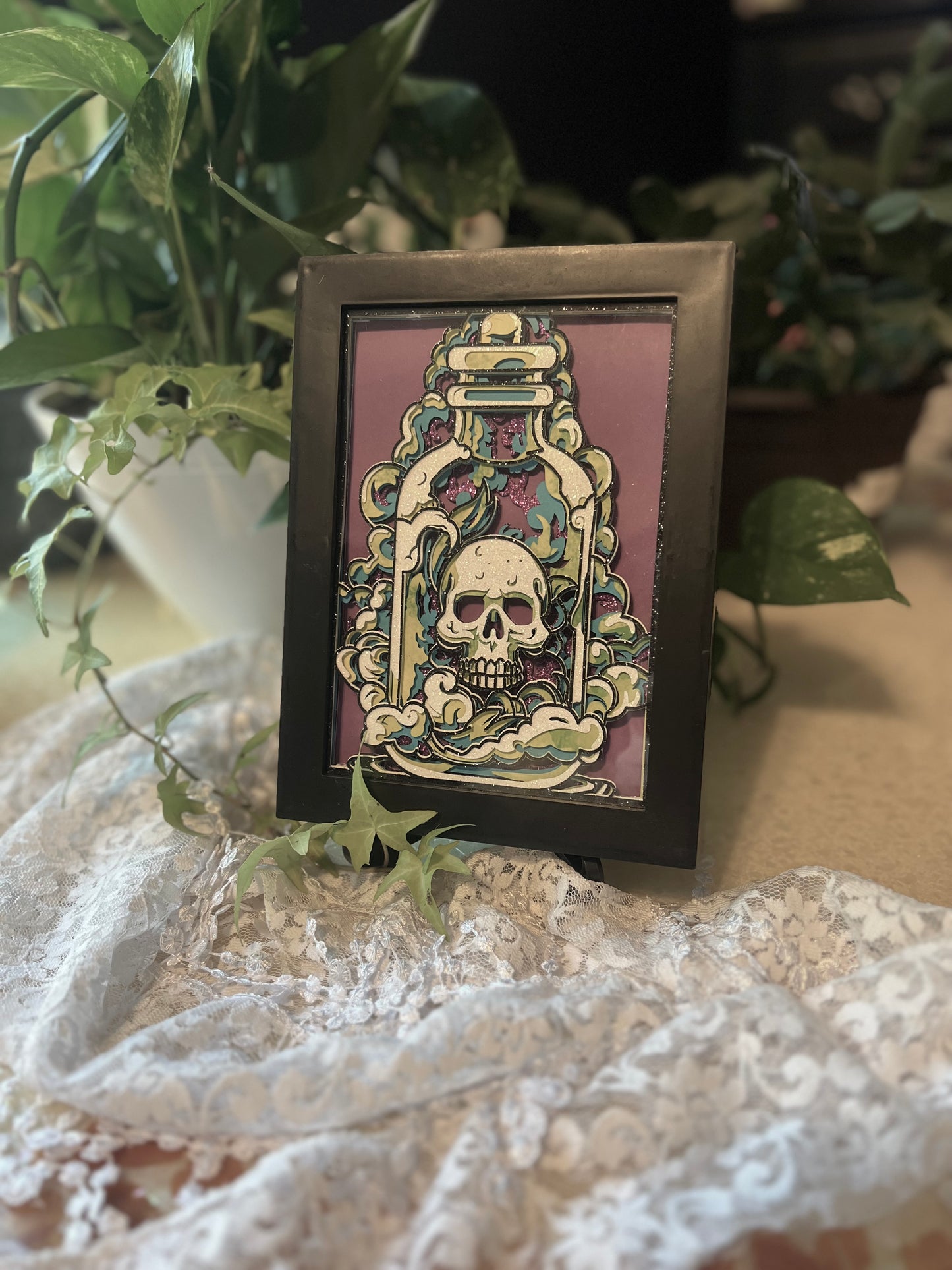 Skull in Apothecary Jar Shadowbox, Cut Paper Artwork 5x7