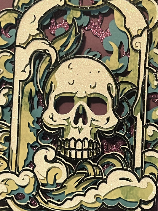 Skull in Apothecary Jar Shadowbox, Cut Paper Artwork 5x7