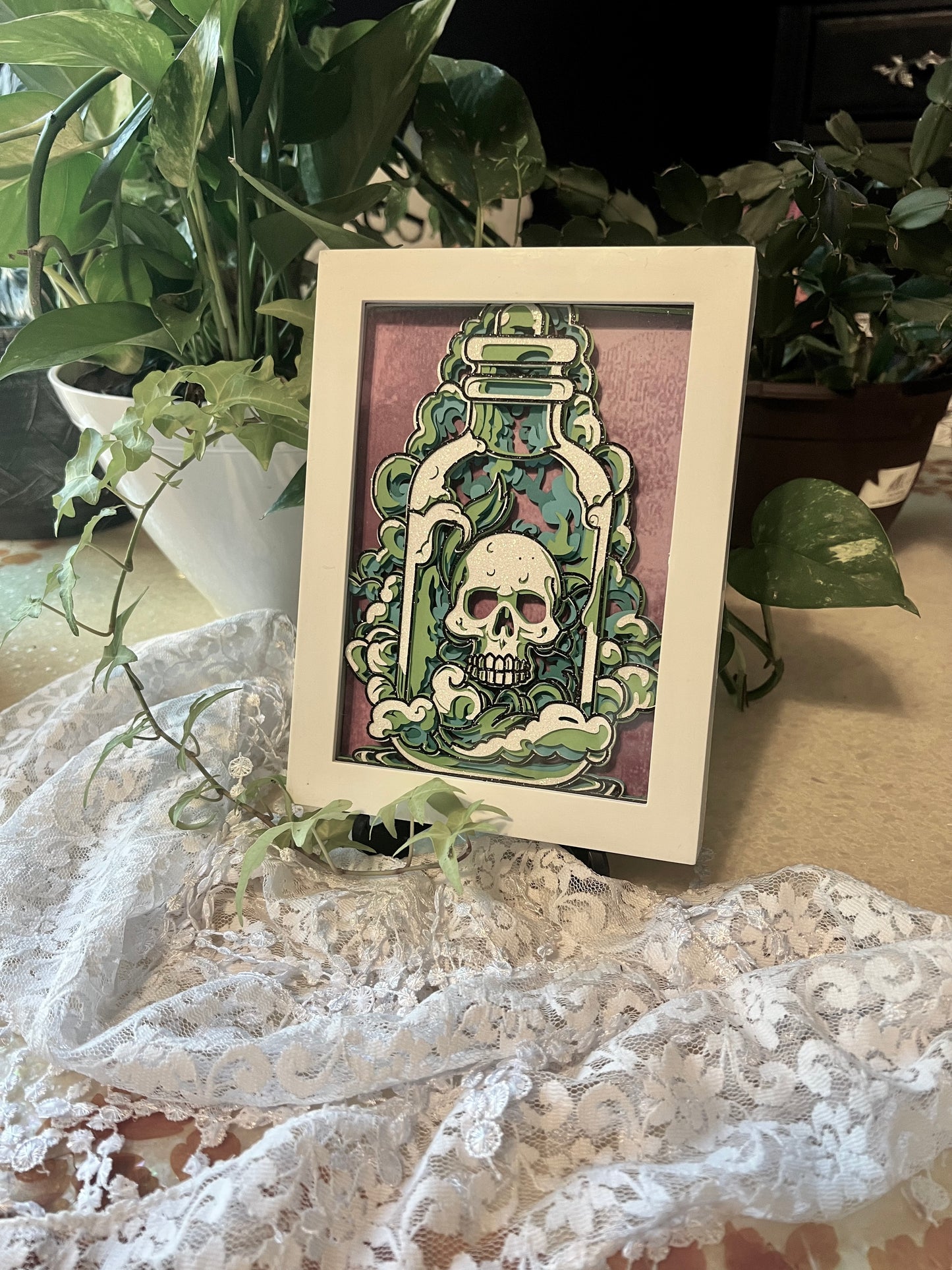 Skull in Apothecary Jar Shadow Box, Layered Paper 5x7