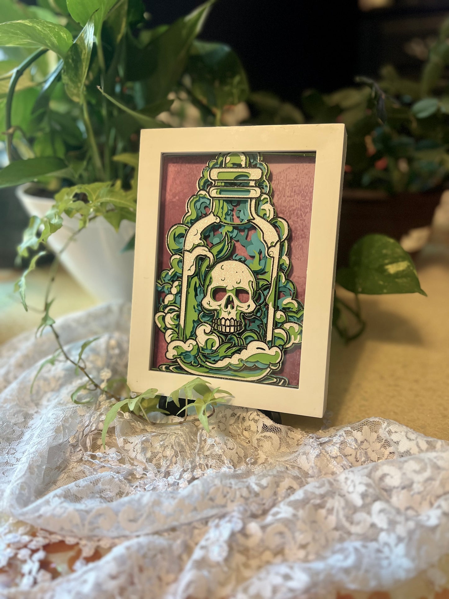 Skull in Apothecary Jar Shadow Box, Layered Paper 5x7