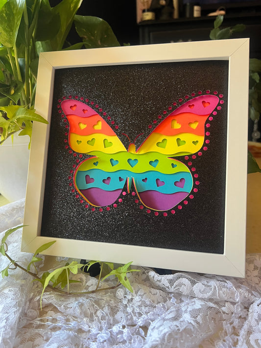 Pride Shadowbox - Neon Rainbow Butterfly, 8"x8" Wall Hanging or Tabletop Display