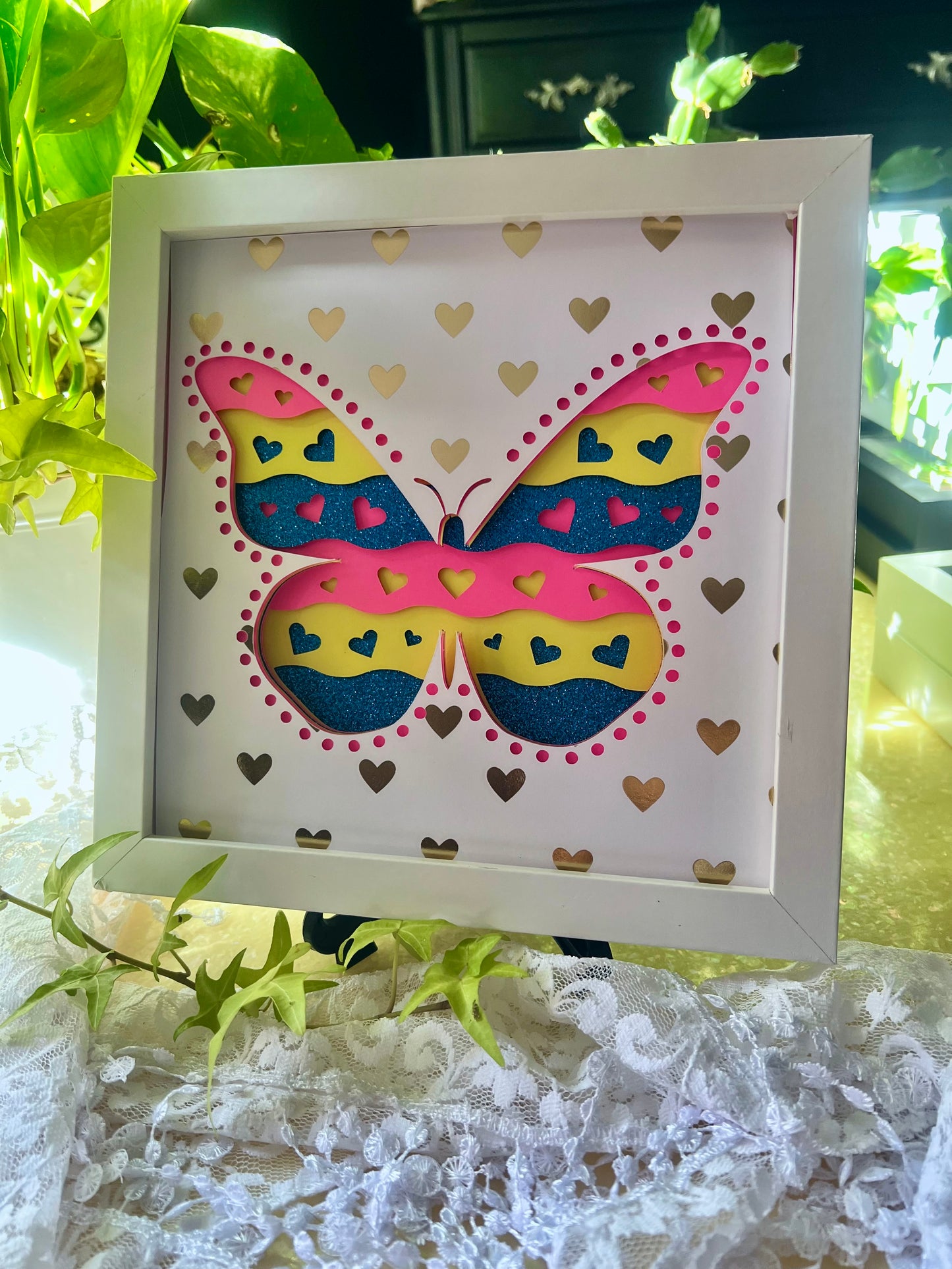 Pride Shadowbox - Pansexual Pride Colors, Butterfly and Hearts 8"x8"