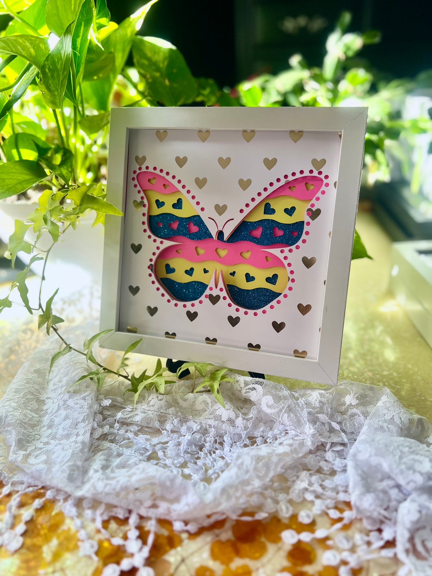 Pride Shadowbox - Pansexual Pride Colors, Butterfly and Hearts 8"x8"