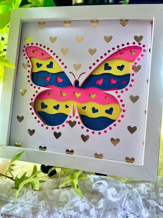 Pride Shadowbox - Pansexual Pride Colors, Butterfly and Hearts 8"x8"