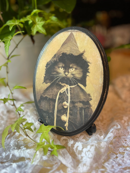 Dark Academia Wooden Plaque, Wall Hanging, Witchy Cat, 5"x7"