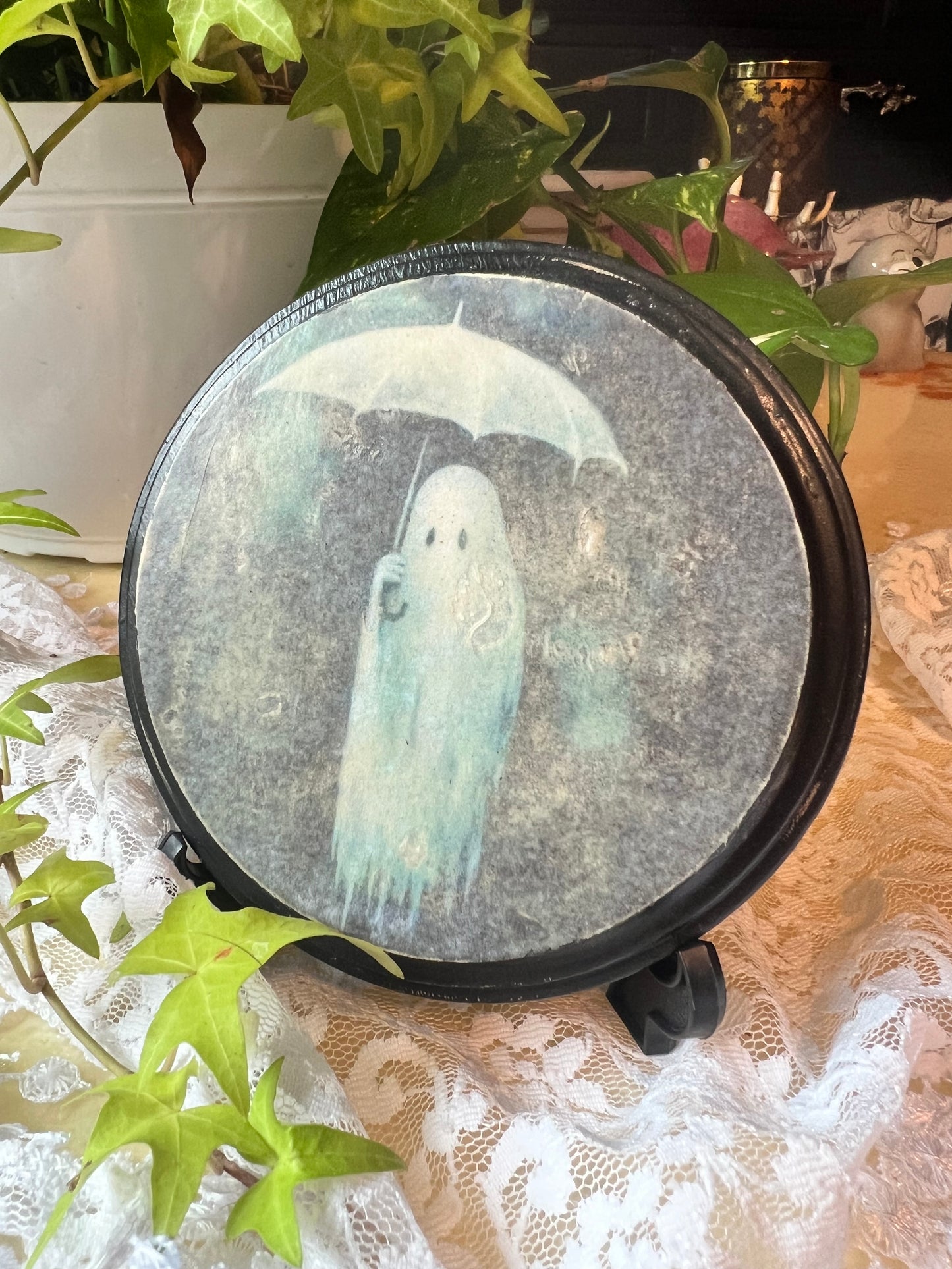 Dark Academia Rainy Day Ghost, Wooden Plaque