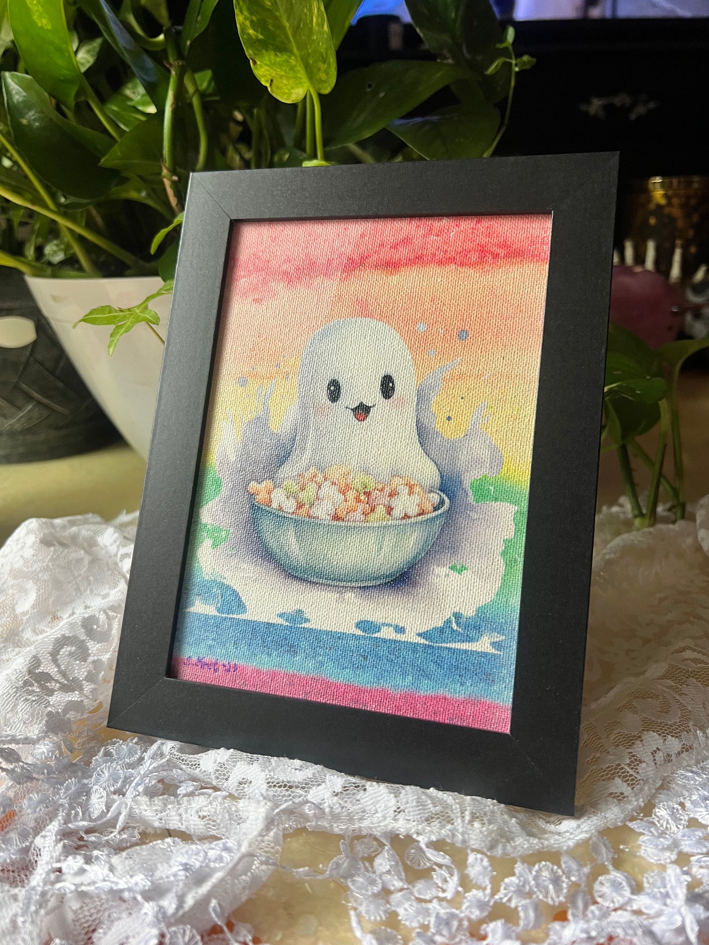 Cute Ghost Picture, Framed, Tabletop Display, Wall Hanging 5x7, Ghost Eating Snacks