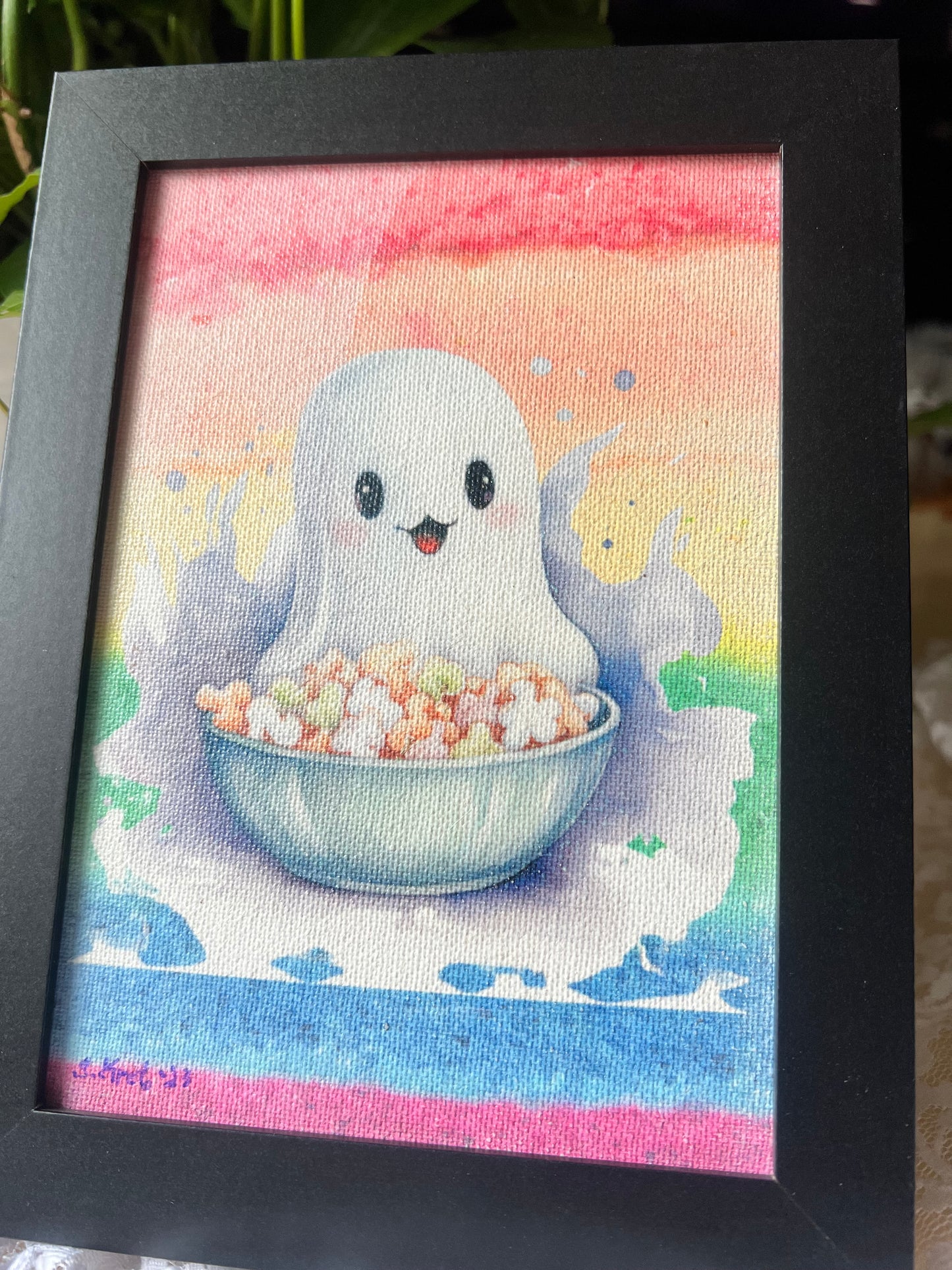 Cute Ghost Picture, Framed, Tabletop Display, Wall Hanging 5x7, Ghost Eating Snacks