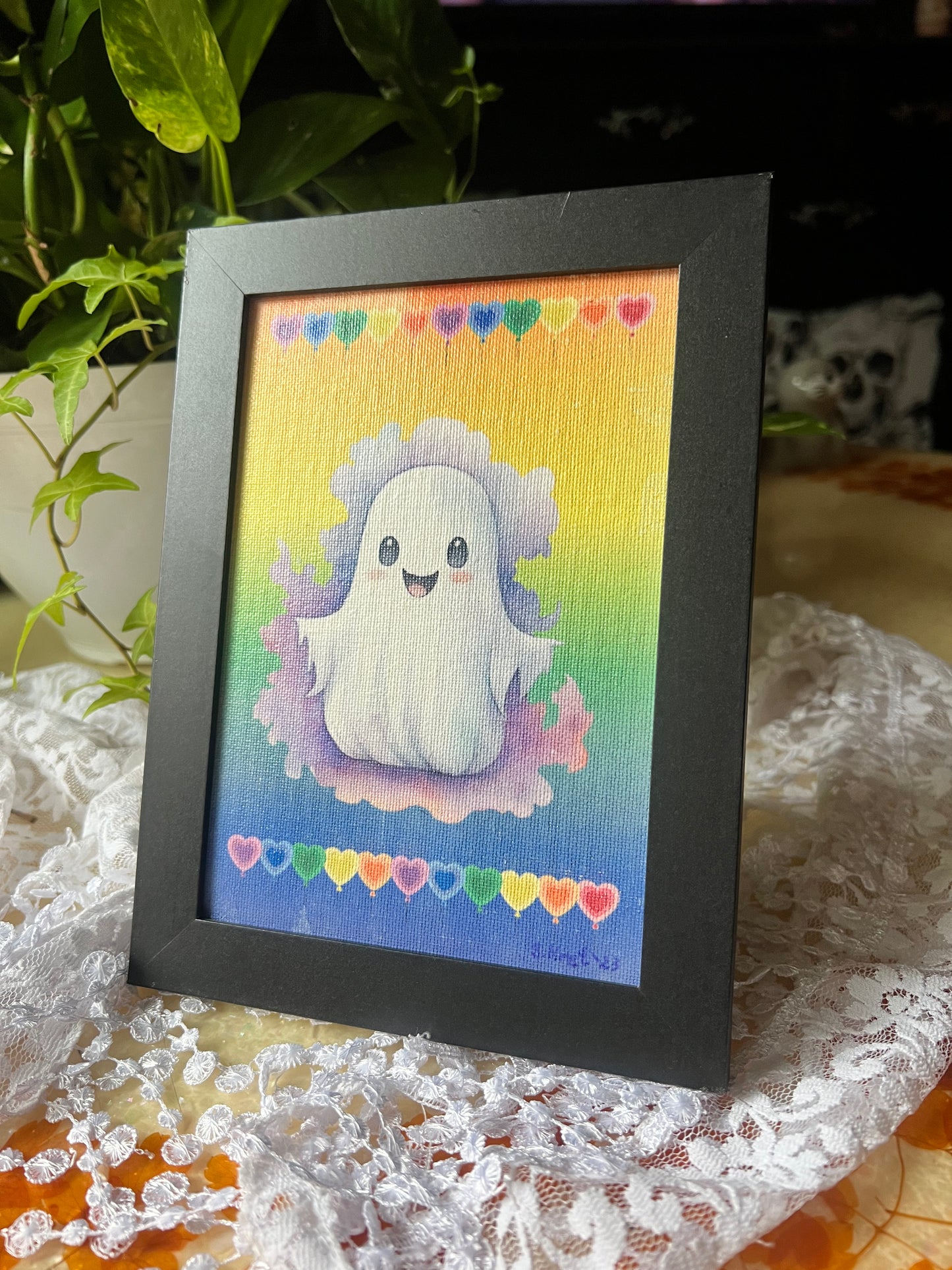 Cute Ghost Picture, Wall Hanging, Tabletop Display, Hearts and Rainbows