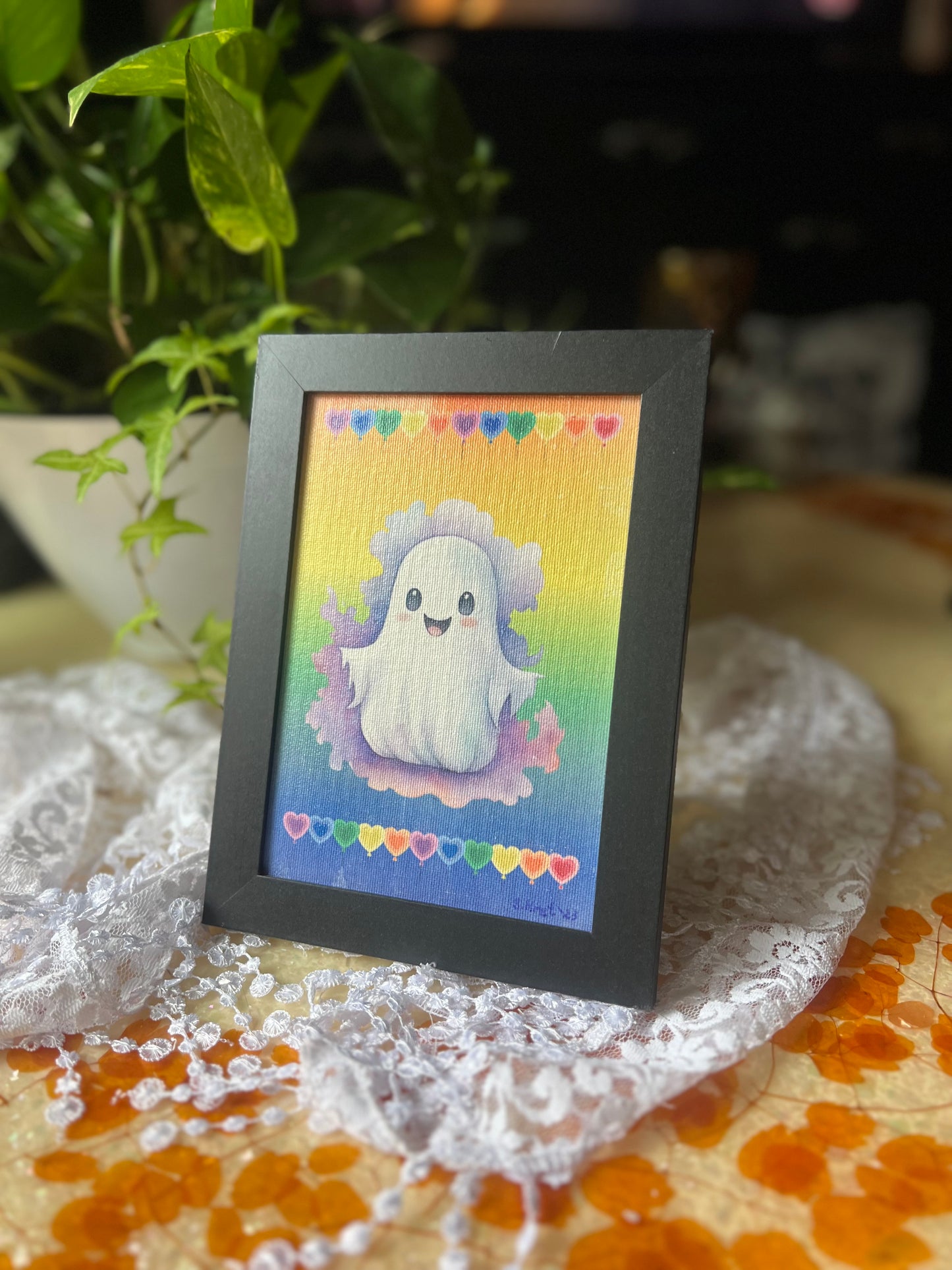 Cute Ghost Picture, Wall Hanging, Tabletop Display, Hearts and Rainbows