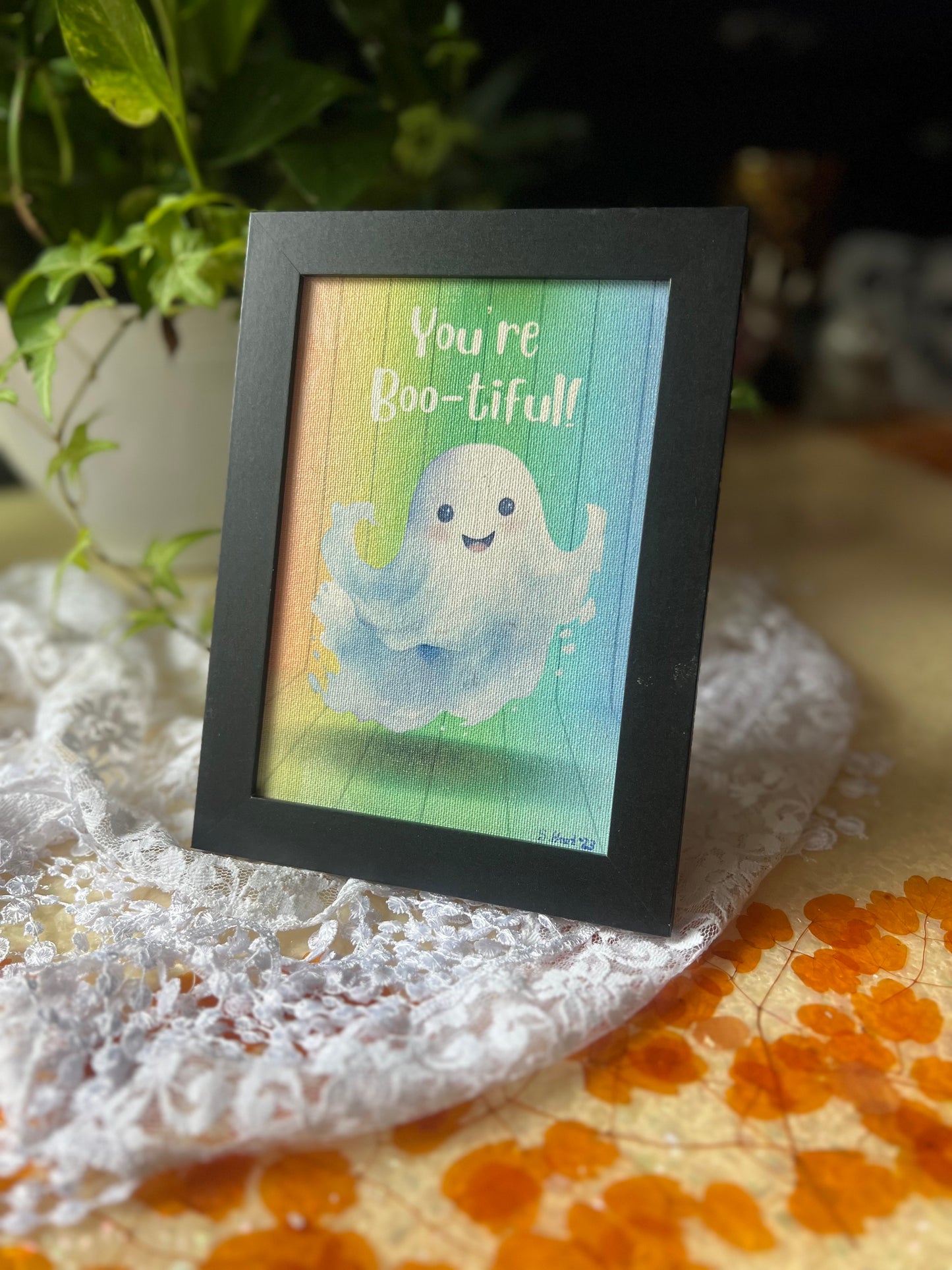 Cute Ghost Picture, Framed Wall Hanging, Tabletop Display, Encouraging, Rainbow