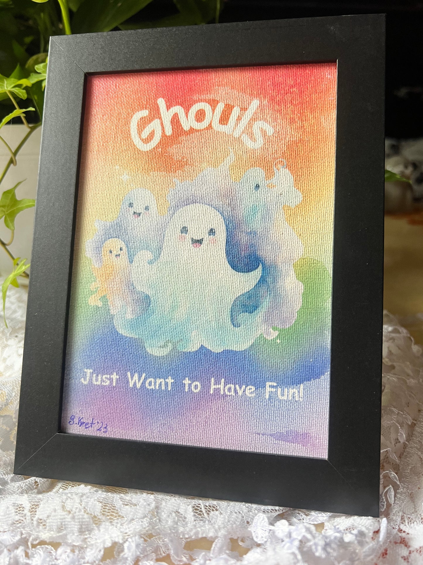 Cute Ghost Framed Picture, Rainbow Background, Ghouls Just Want To Have Fun