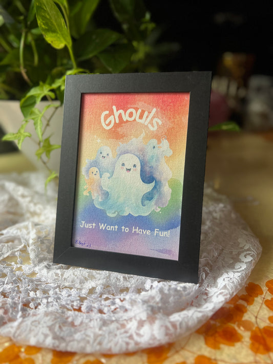 Cute Ghost Framed Picture, Rainbow Background, Ghouls Just Want To Have Fun