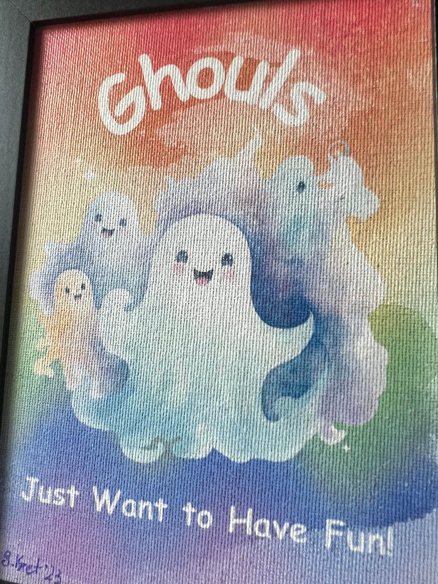 Cute Ghost Framed Picture, Rainbow Background, Ghouls Just Want To Have Fun