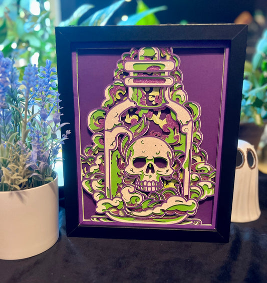 Skull in Apothecary Jar, Layered Cut Paper Shadowbox, Wall Hanging, Tabletop Display, 8x10"