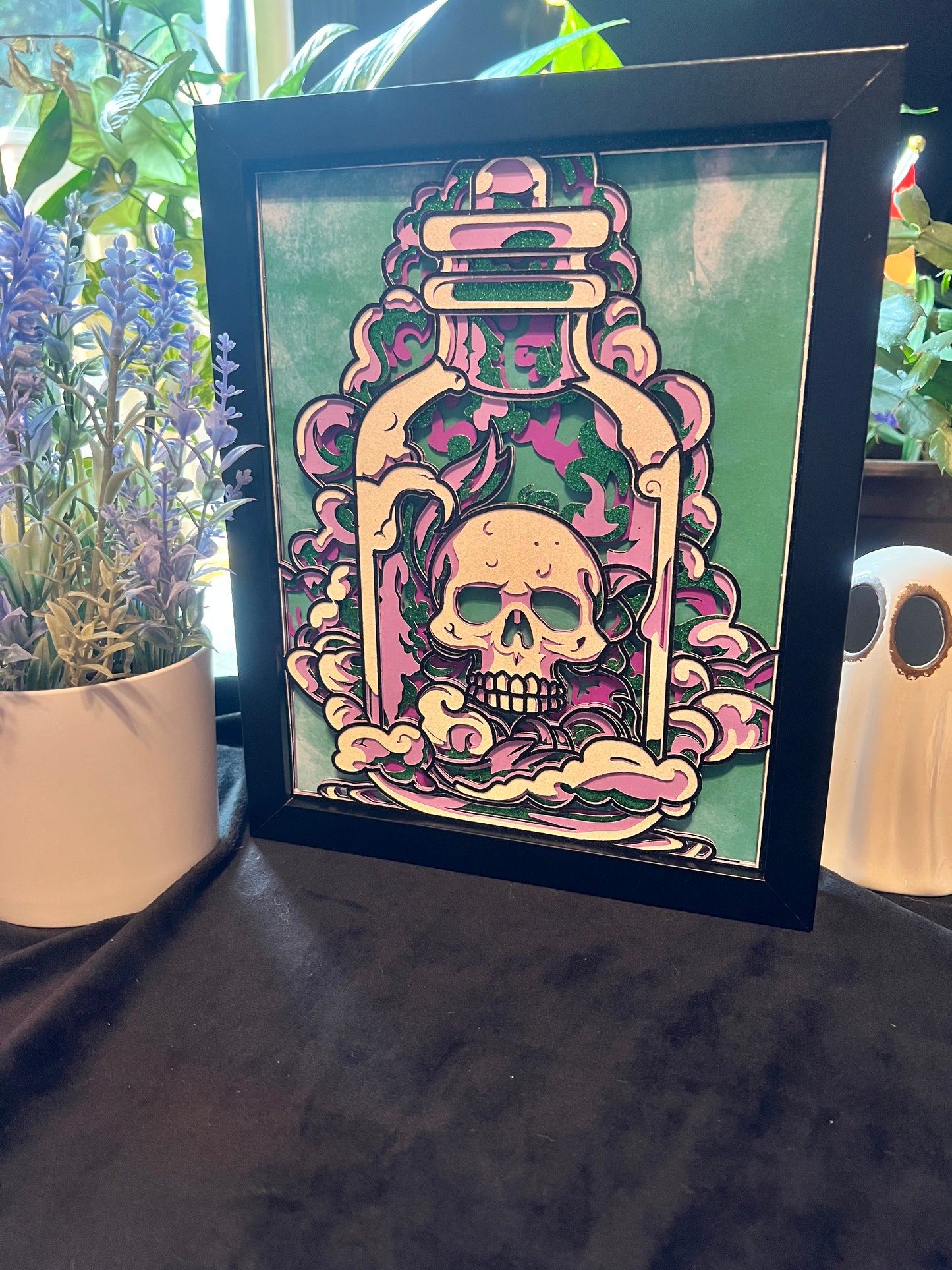 Skull in Apothecary Jar, Layered Cut Paper Artwork, Wall Hanging, Tabletop Display, 8x10"