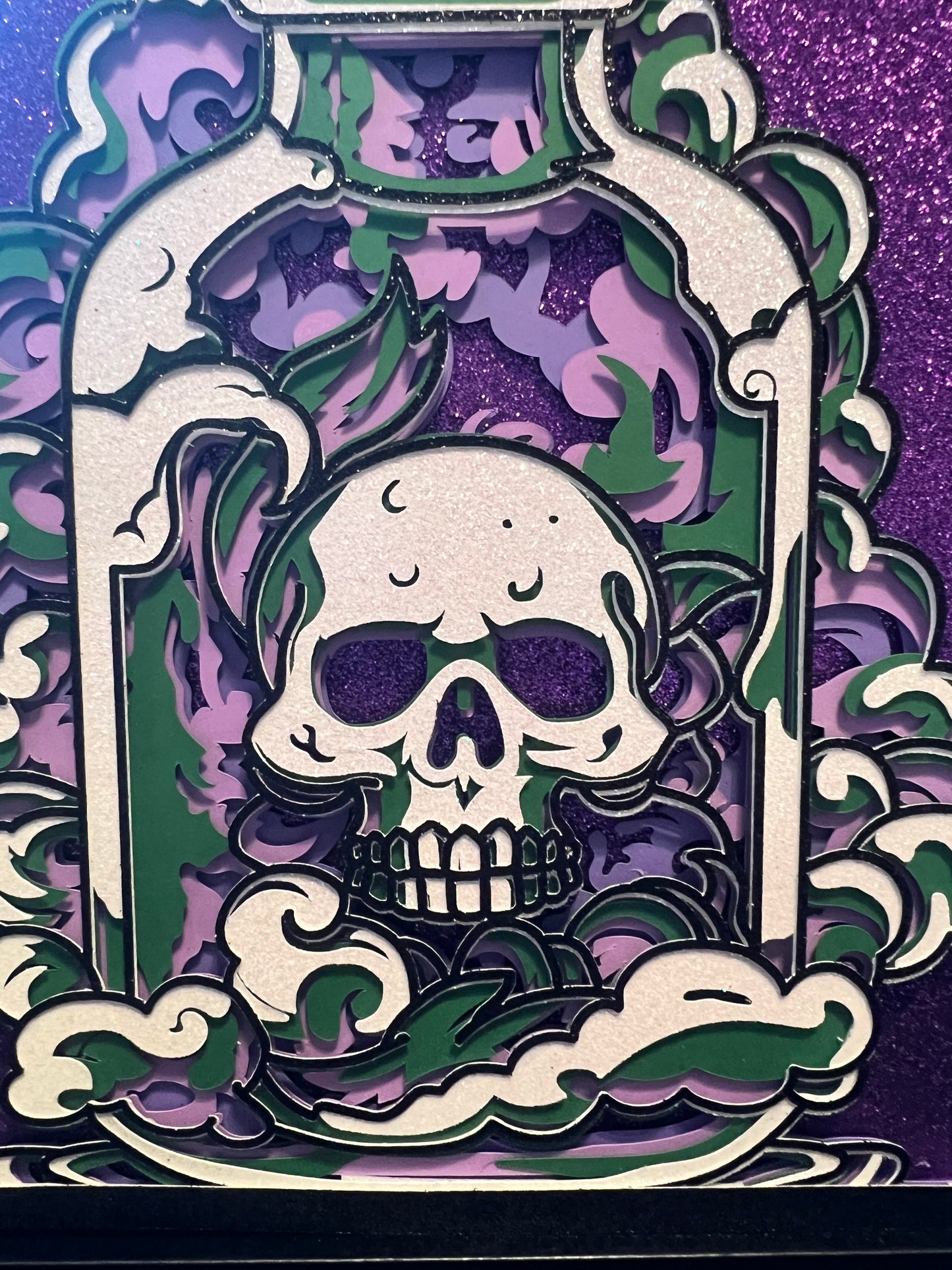 Skull in Apothecary Jar, Layered Cut Paper, Shadowbox, Purples and Greens