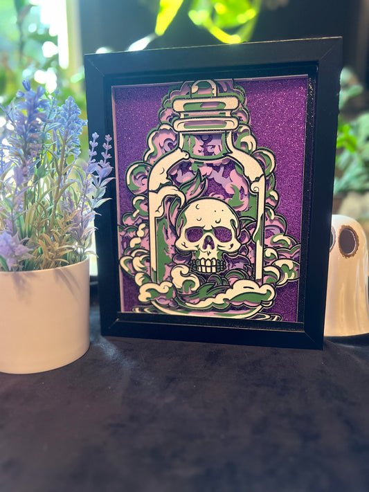 Skull in Apothecary Jar, Layered Cut Paper, Shadowbox, Purples and Greens