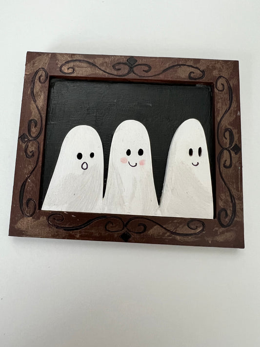 Ghost Portraits - Hand Painted Wooden Ghostie Trio Rectangle Shaped Frame