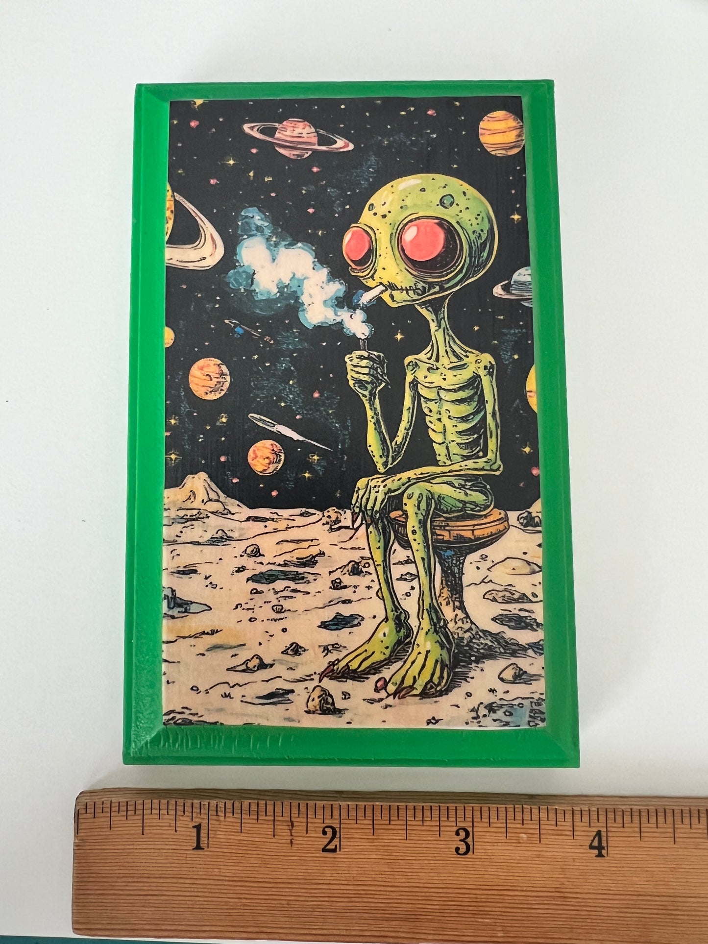 Alien Smoking on the Moon - Wooden Plaque Wall Hanging