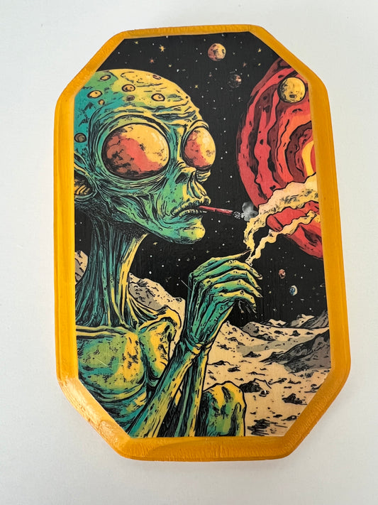 Alien on the Moon - Rectangle Wooden Plaque Wall Hanging