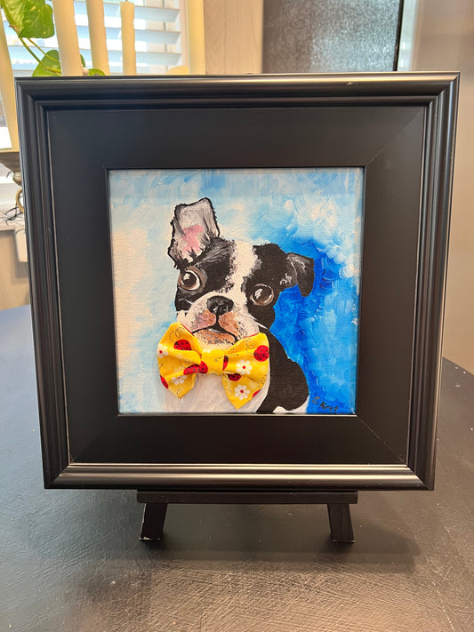 BOSTON TERRIER Framed One of a Kind Acrylic Painting 3D Bowtie