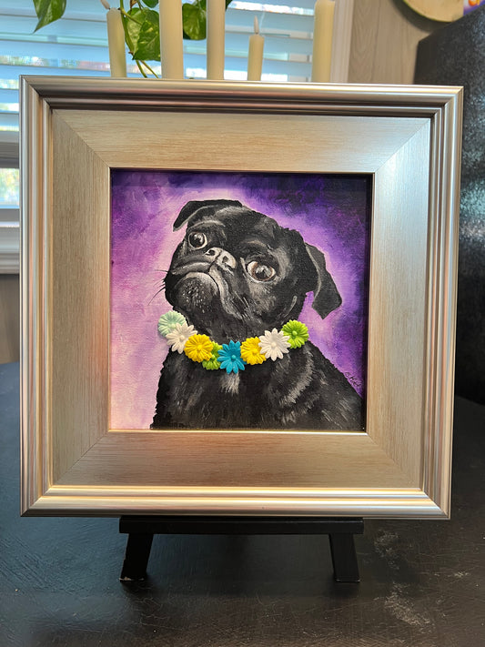BLACK PUG Acrylic Original Painting One of a Kind 3D Flowers