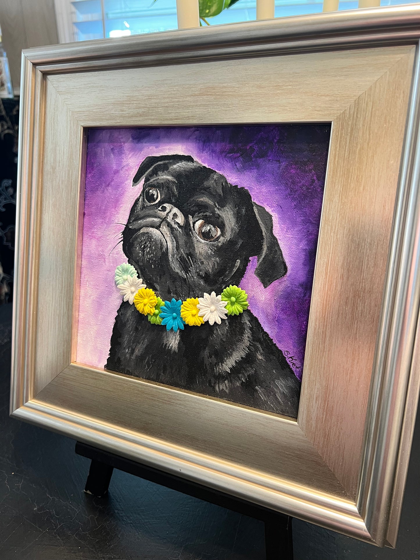 BLACK PUG Acrylic Original Painting One of a Kind 3D Flowers