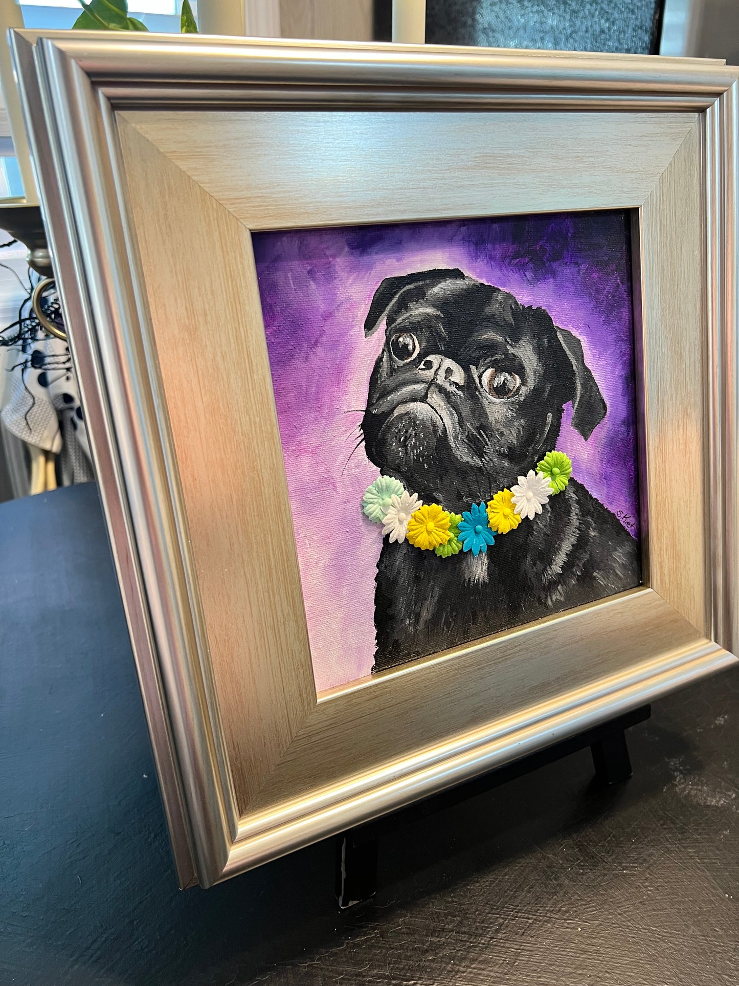 BLACK PUG Acrylic Original Painting One of a Kind 3D Flowers
