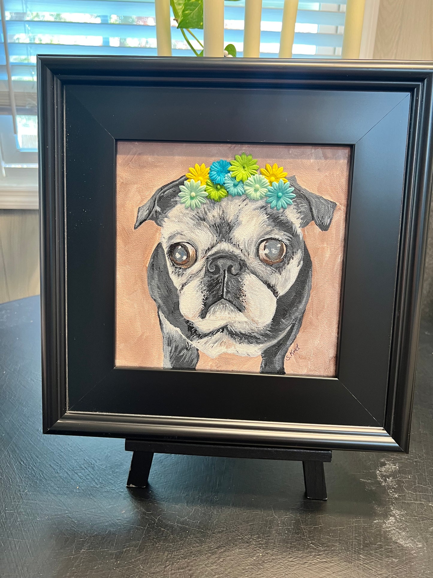PUG PAINTING Framed Senior Black Pug Acrylic with 3D Satin Flowers
