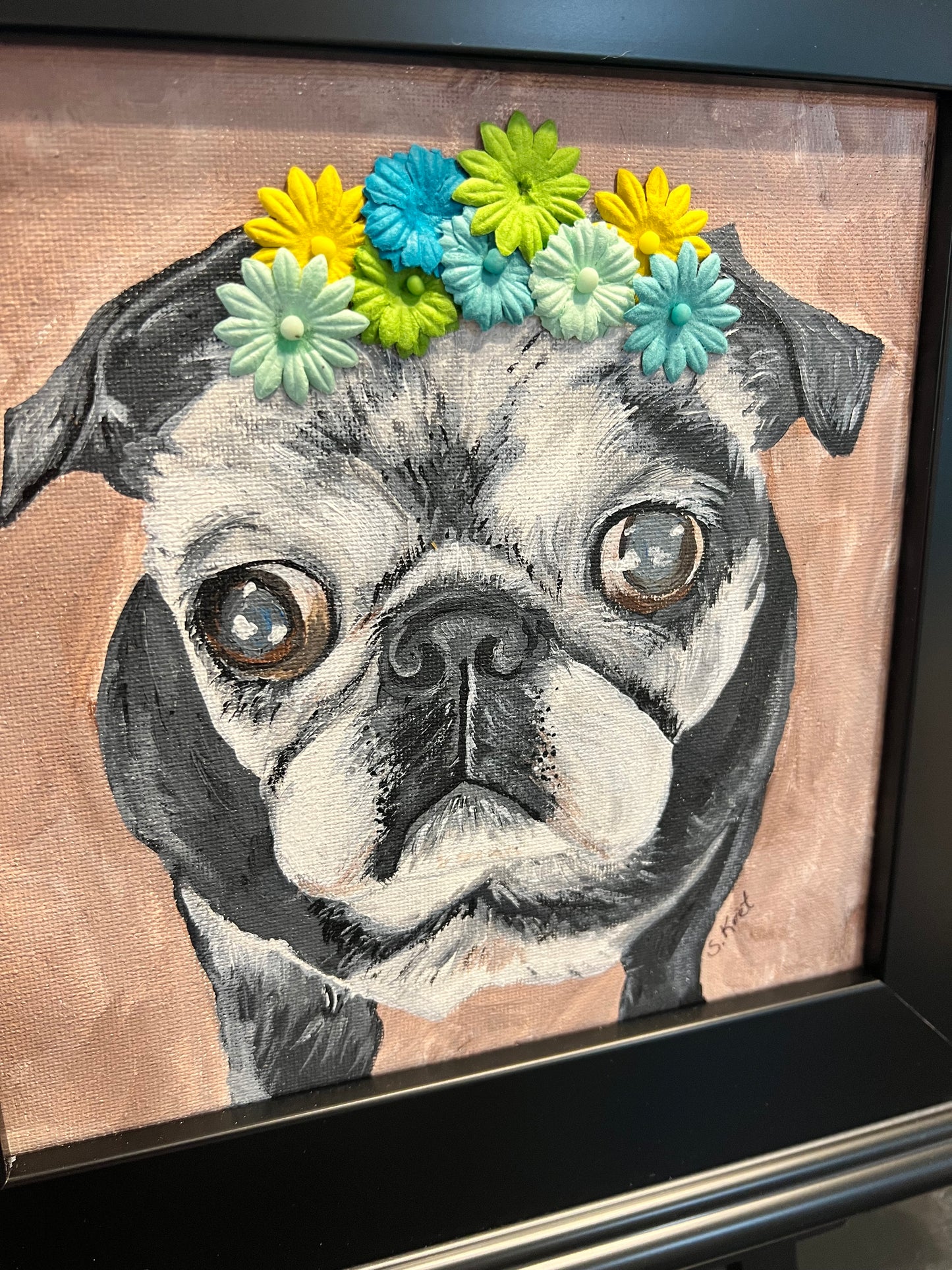 PUG PAINTING Framed Senior Black Pug Acrylic with 3D Satin Flowers