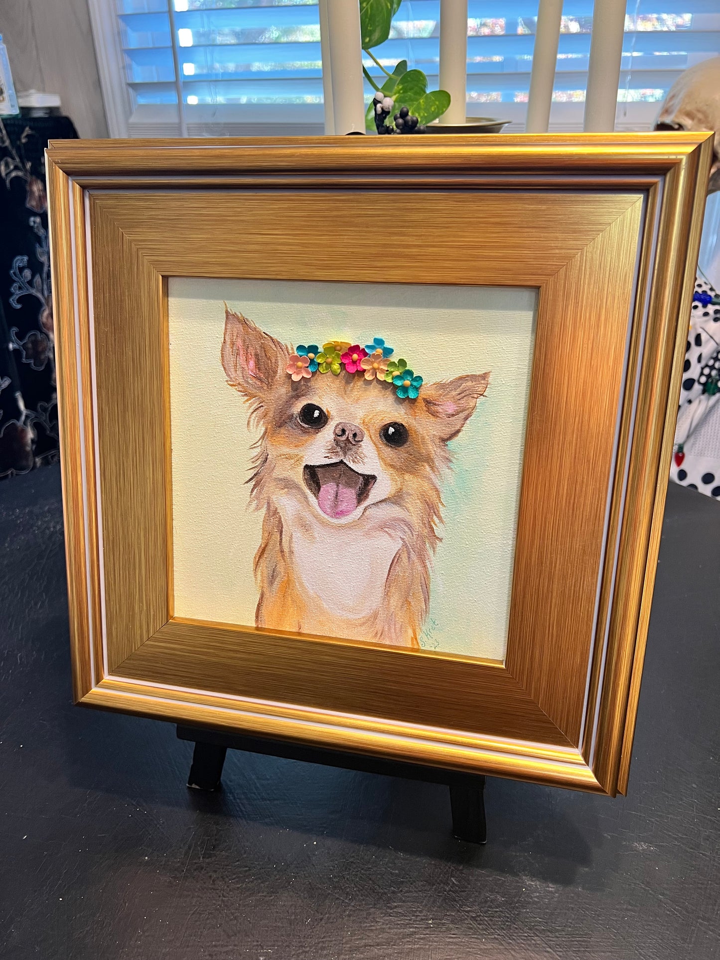 Original Mixed Media Acrylic Chihuahua Painting, Long Hair Chihuahua, Flower Headband