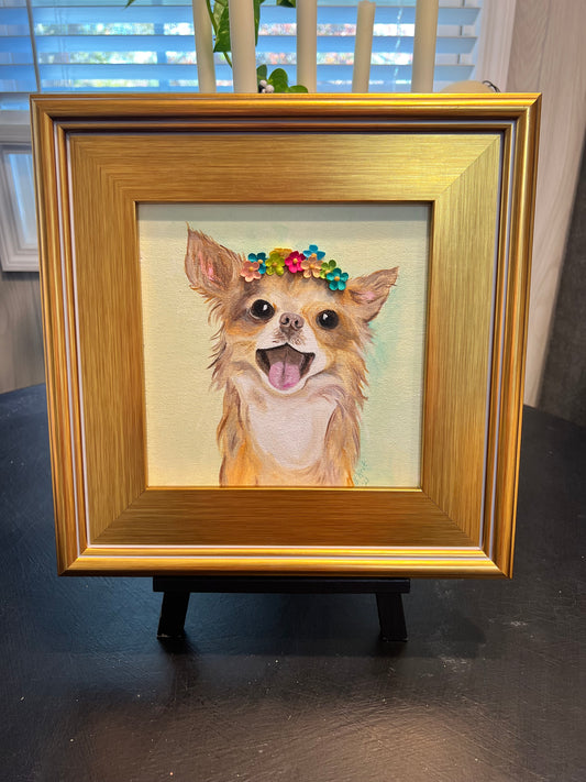 Original Mixed Media Acrylic Chihuahua Painting, Long Hair Chihuahua, Flower Headband