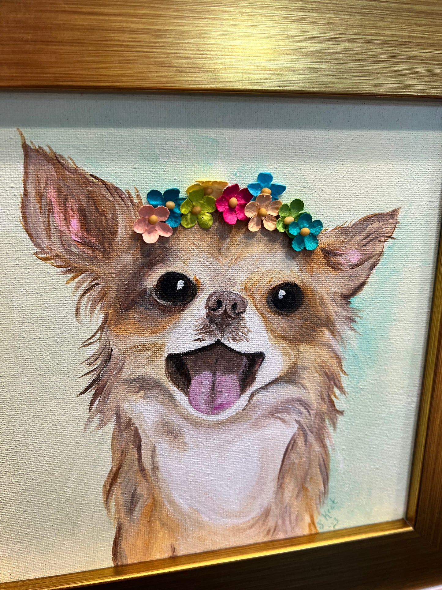 Original Mixed Media Acrylic Chihuahua Painting, Long Hair Chihuahua, Flower Headband