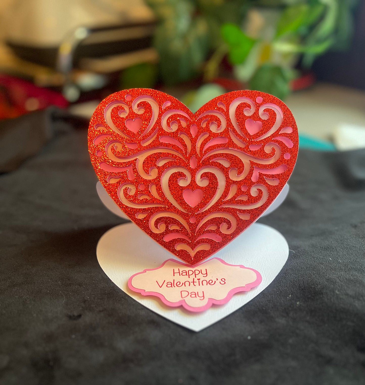 Valentine's Day Card, Glitter Scrollwork, Layered Cardstock, Handmade Keepsake Card