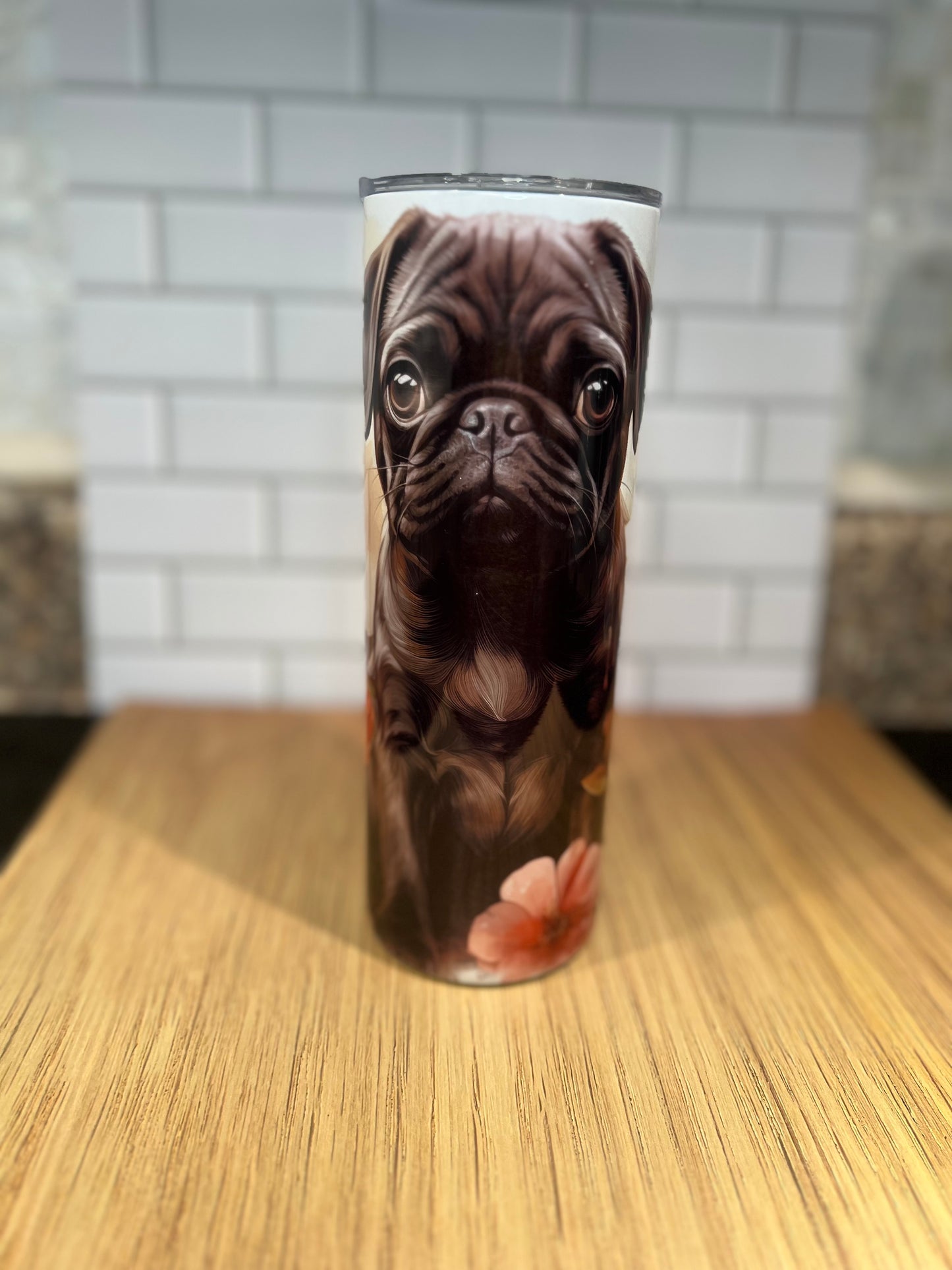 20 oz Stainless Steel Tumbler, Black Pug Puppy Design