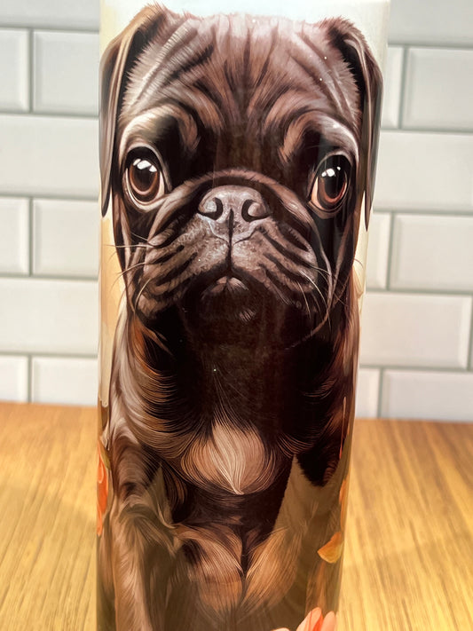 20 oz Stainless Steel Tumbler, Black Pug Puppy Design