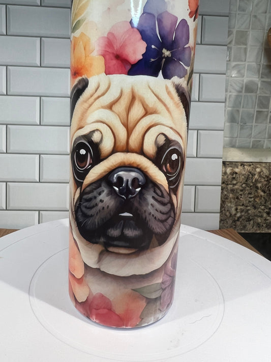 20 oz Stainless Steel Tumbler, Pug and Flowers