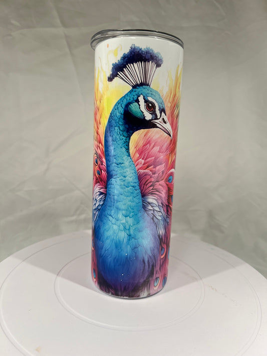 20 oz Stainless Steel Tumbler, Vibrant Watercolor Peacock Design