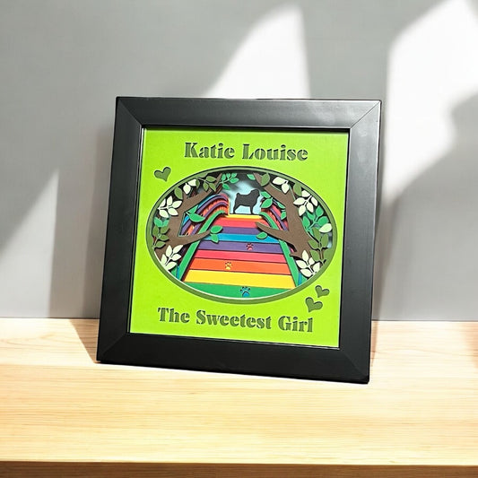 Pet Memorial Shadow Box - Small Rainbow Bridge Wooden and Glass Frame Custom Name Date and 300 Dog Breeds To Choose - A Kitty Too