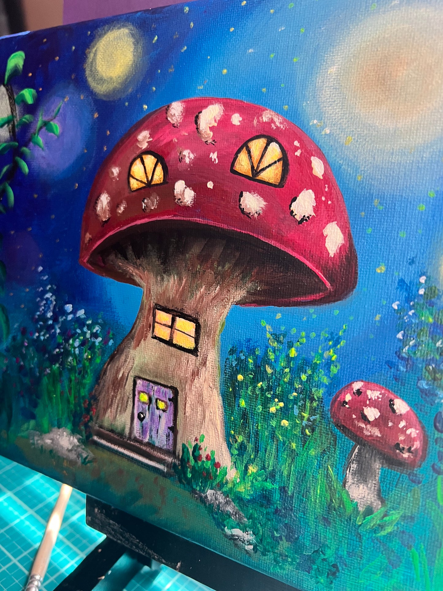 Fairy Mushroom House Original Acrylic Painting on Canvas 8x10 inch