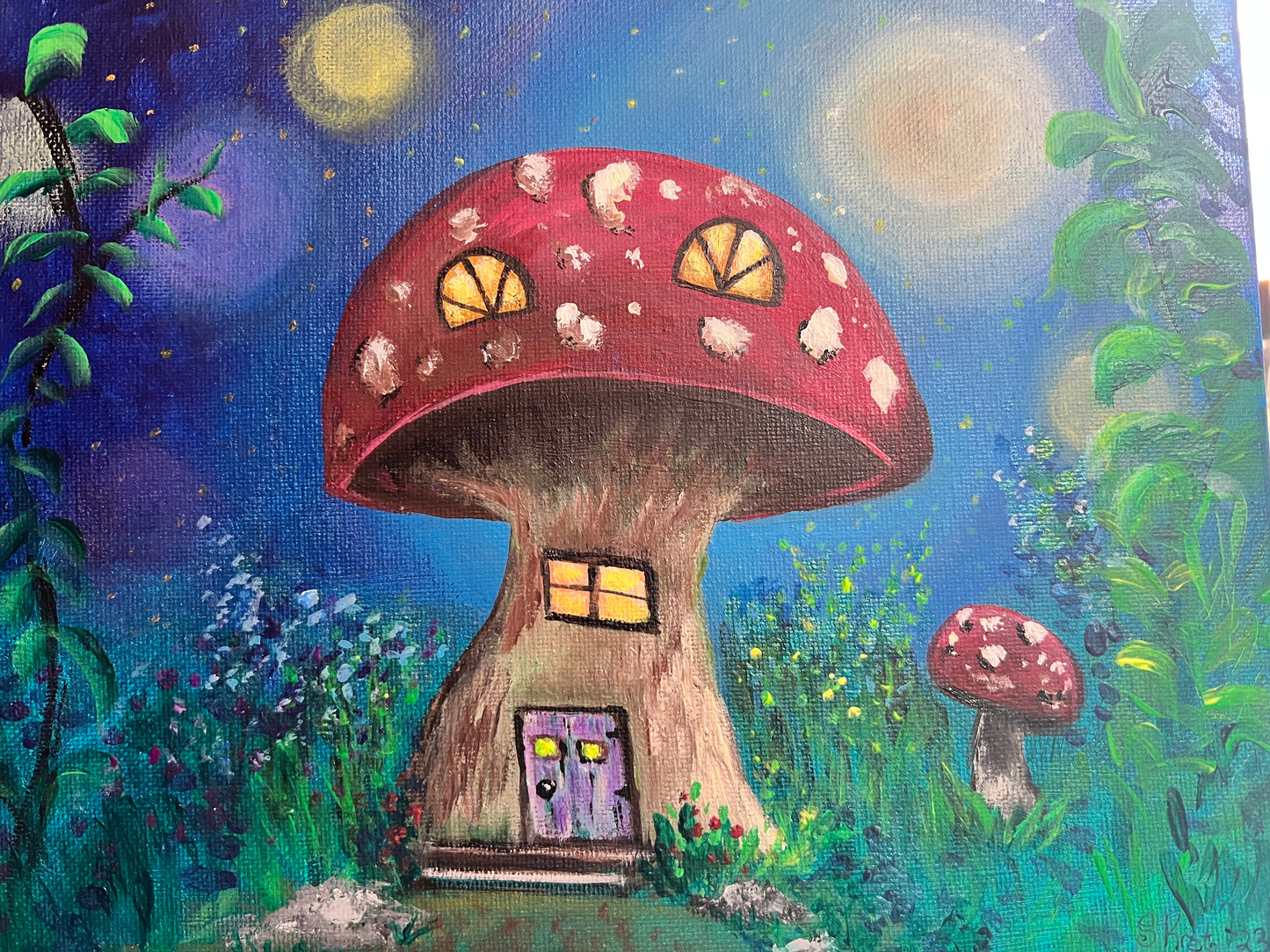 Fairy Mushroom House Original Acrylic Painting on Canvas 8x10 inch