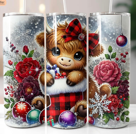 20 oz Stainless Steel Tumbler, Holiday Winter Theme, Baby Holstein Cow