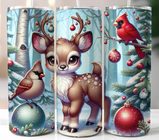 20 oz Stainless Steel Tumbler, Holiday Winter Theme, Baby Deer and Cardinals