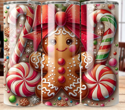 20 oz Stainless Steel Tumbler, Holiday Winter Theme, Gingerbread Girl